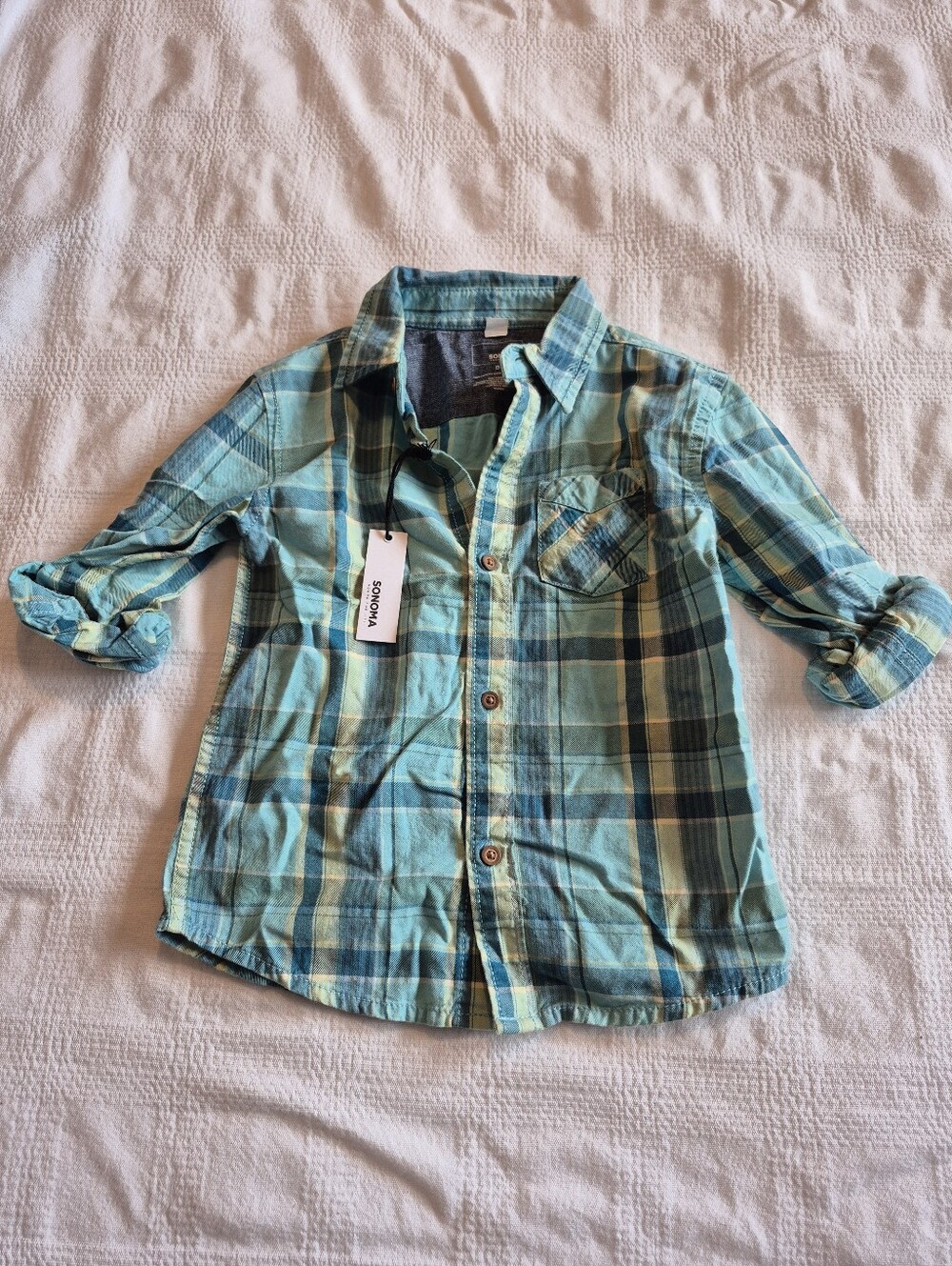 Sonoma boys size 5 long sleeve teal & green plaid long sleeve shirt NEW